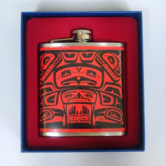 Longhouse Indigenous design by Jason Peters Hip Flask 6oz Stainless Steel - Picture 1 of 6